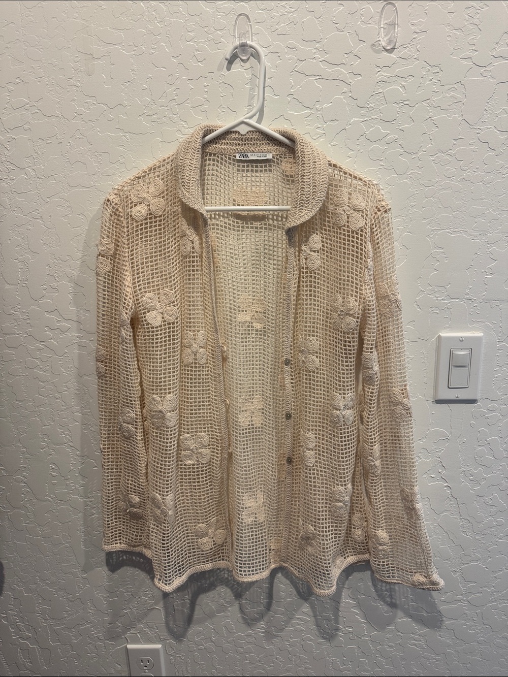 Zara Beige Open-Knit Floral Button-Front Cardigan